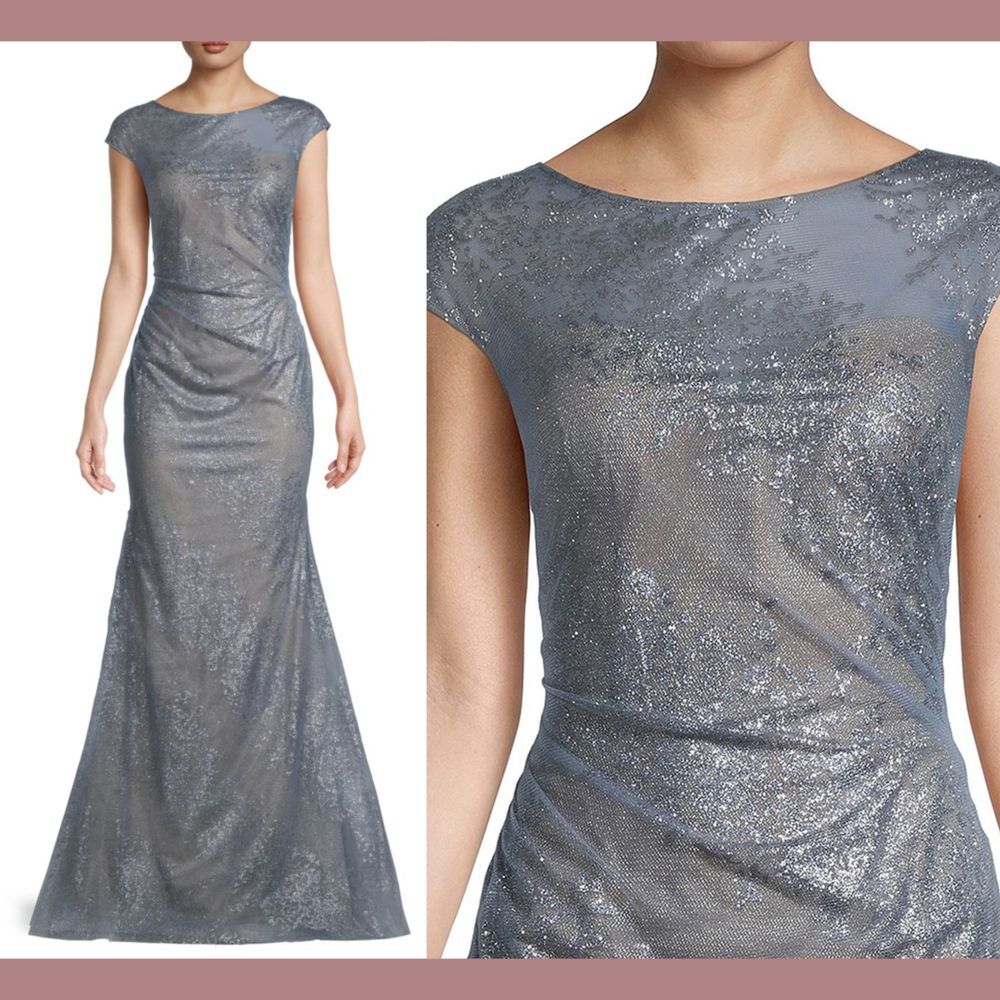 NWT $1595 RENE RUIZ COLLECTION Glitter Trumpet‎ Gown [ SZ 12 ] Slate Blue Q838